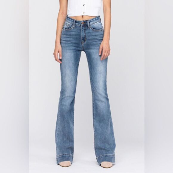 Judy Blue High Rise Trouser Flare Jeans Medium Stone Wash Stretch Size 11 / 30 - Picture 3 of 8